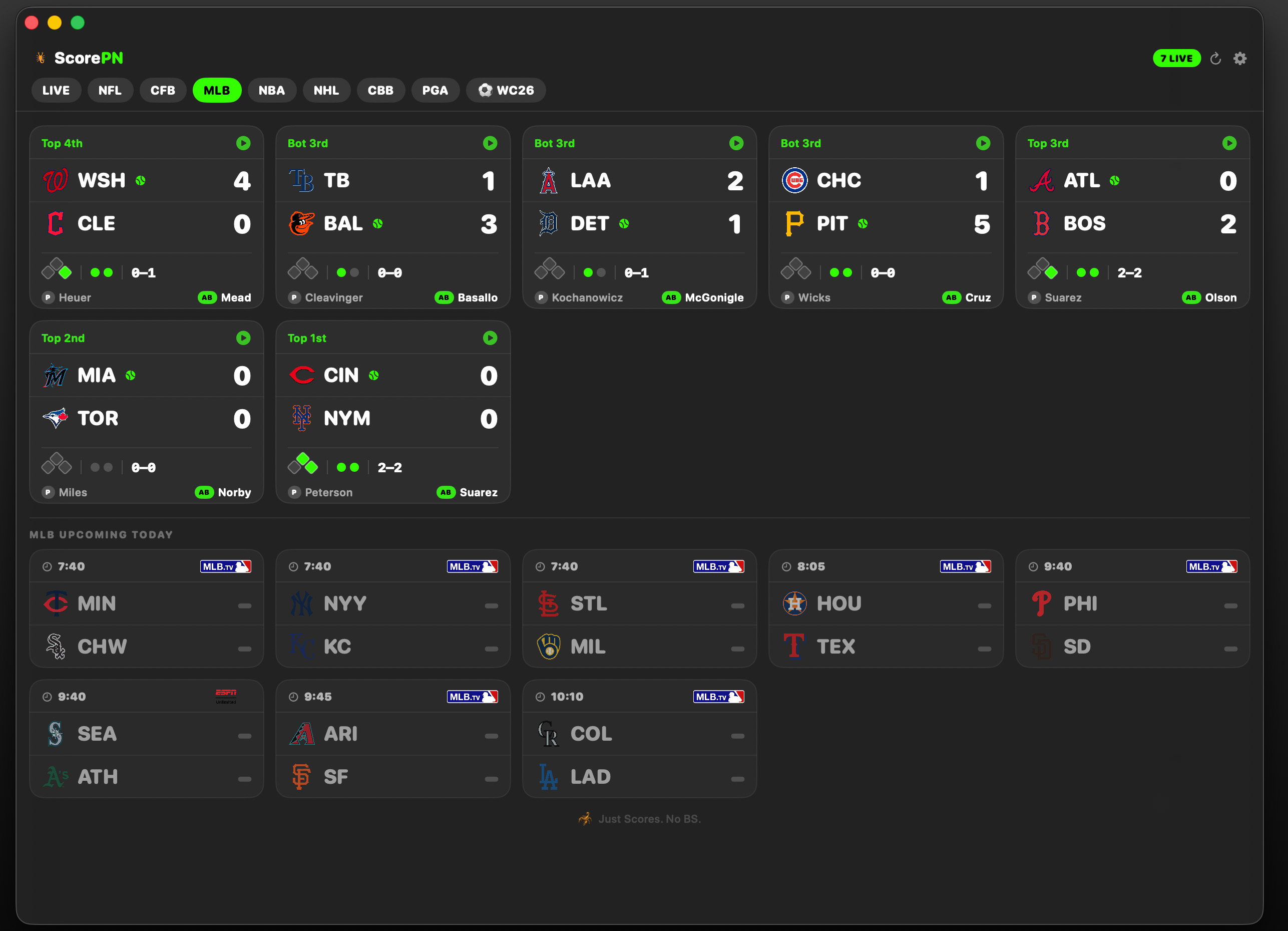 ScorePN macOS app showing live MLB scores and upcoming games