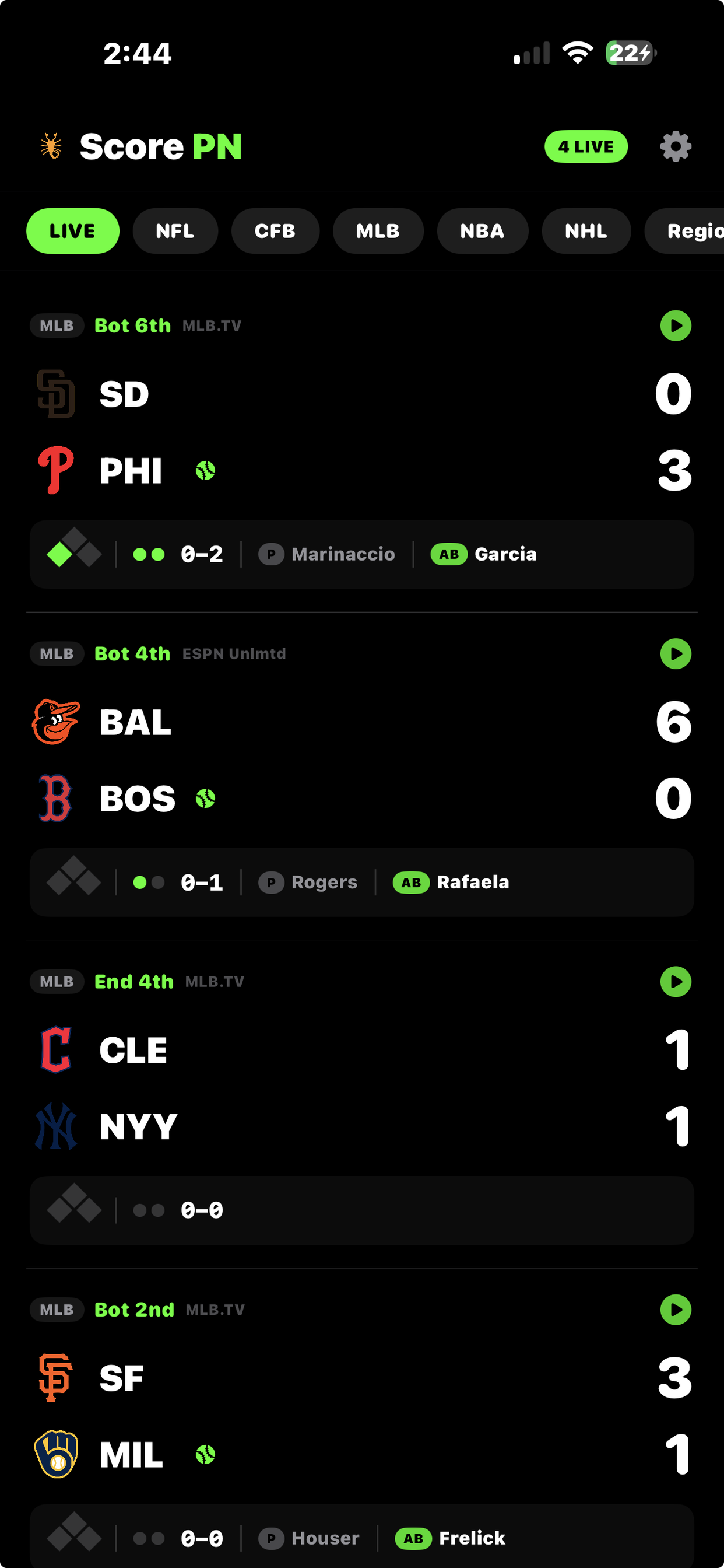ScorePN for iPhone — Live tab