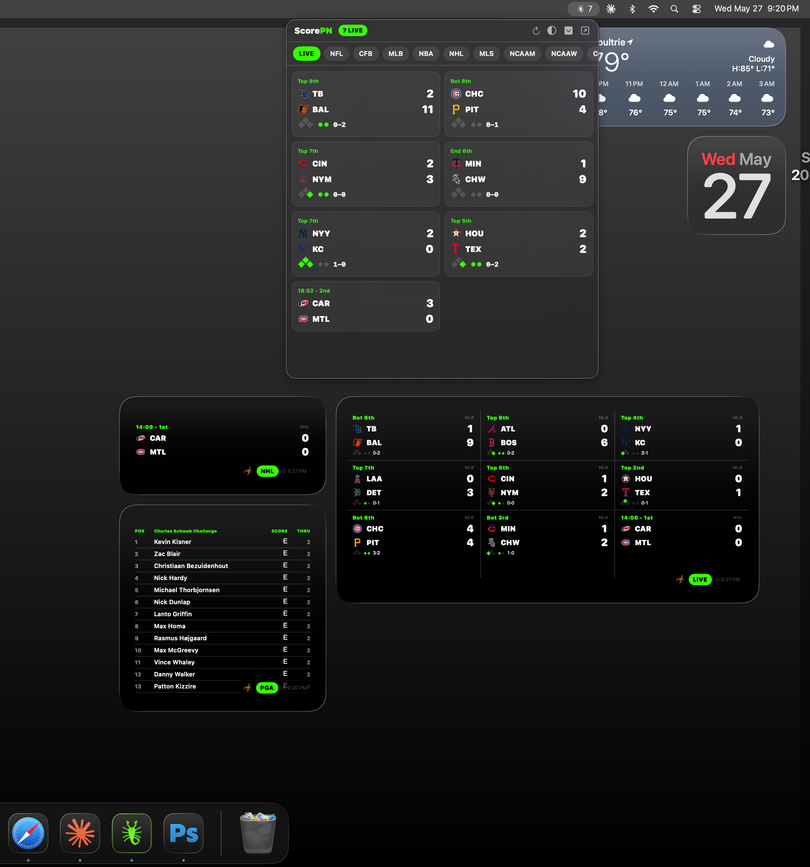 ScorePN Menu Bar and Desktop Widgets on macOS — NHL, MLB, and PGA leaderboard widgets