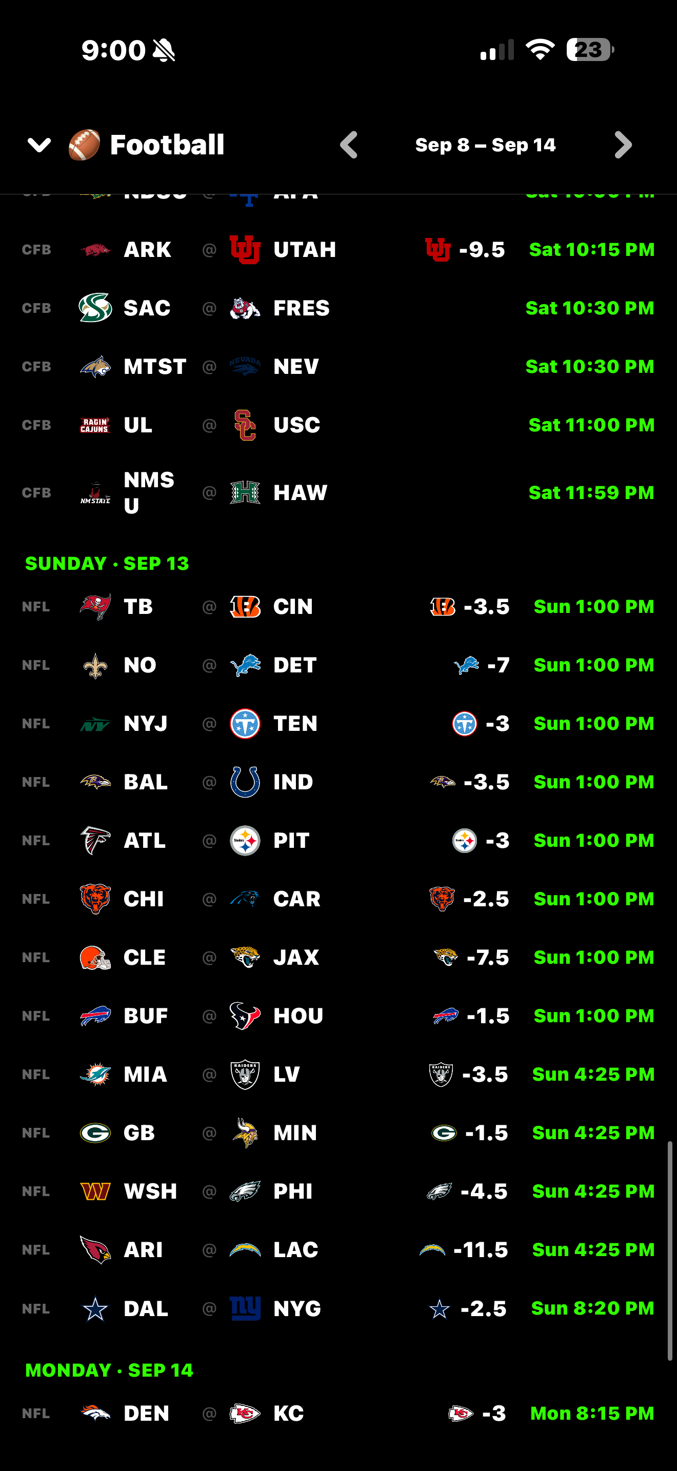 ScorePN iOS — This Week's Football with spreads