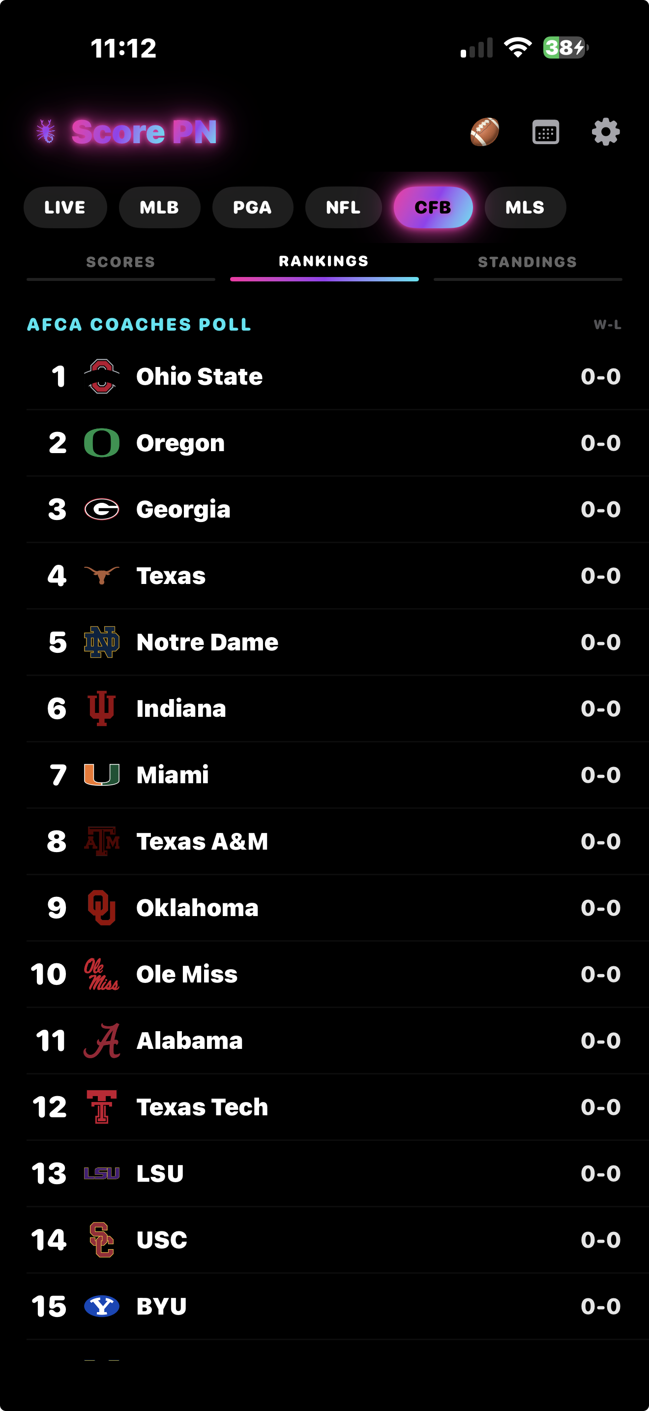 ScorePN iOS — college football Top 25 rankings